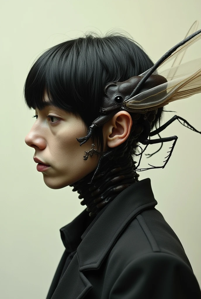 I want to create a profile picture which is a blend of anton chigurgh from the movie no country for old man, and Gregor samsa from the novel the metamorphosis by franz kafka. Take the head of anton chigurgh and the body of gregor samsa.