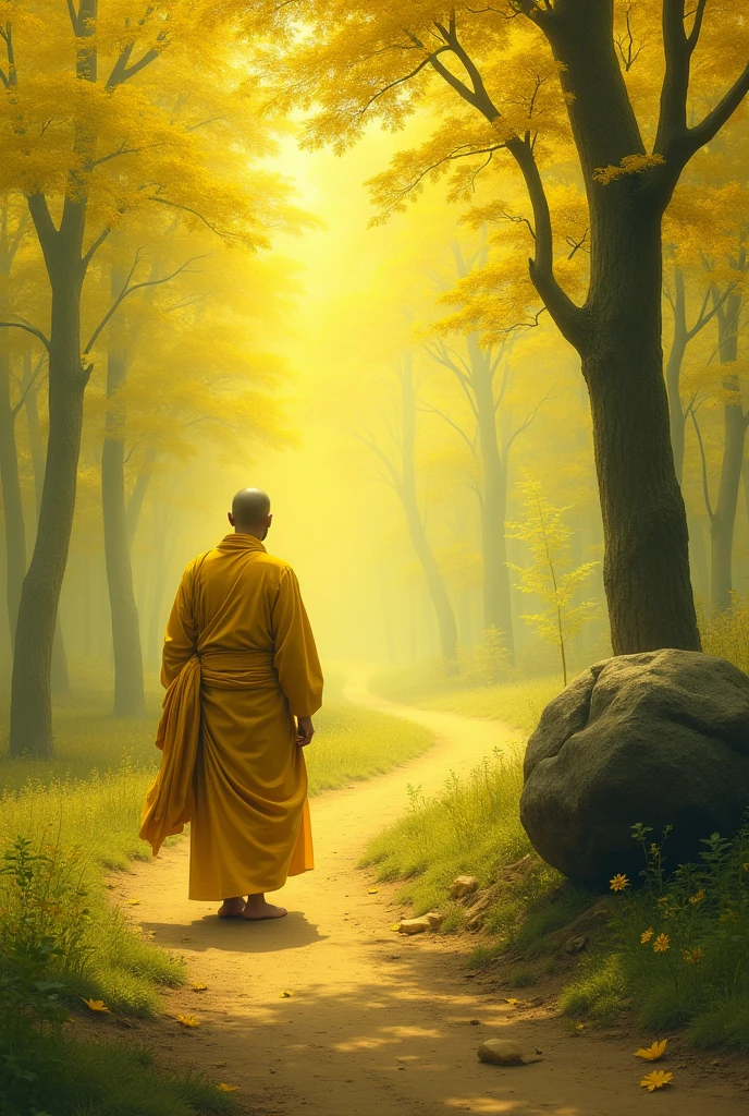 A yellow forest with a rough path, a monk walking on the path wearing yellow clothes, carrying a yellow झोली on both shoulders, a large stone placed on the right side of the path