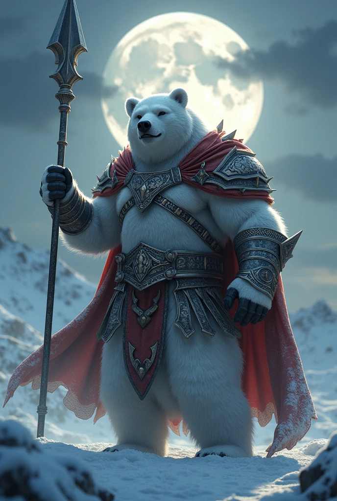 a picture of an an anthro white bear warrior, armed with an spear (intense details, Masterpiece, best quality: 1.5), wearing heavy armor (intense details, Masterpiece, best quality: 1.5), rich white fur, wearing red cloak, billowing red cloak, arctic background, heavy snow (intense details, Masterpiece, best quality: 1.5), it is night time, the full moon is high, there are some clouds, moon rays and stars,  high details, best quality, 8k, [ultra detailed], masterpiece, best quality, (extremely detailed), ultra wide shot, photorealistic, RAW, 3D rendering, fantasy art, dnd art, fantasy art, realistic art, octane rendering, an ultra wide angle