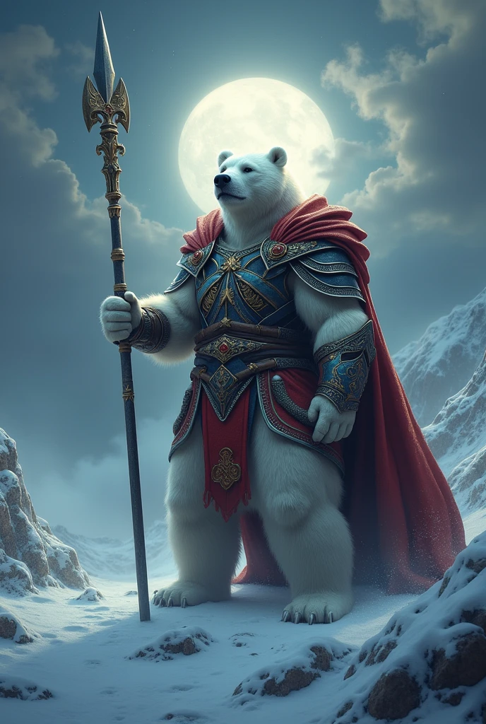a picture of an an anthro white bear warrior, armed with an spear (intense details, Masterpiece, best quality: 1.5), wearing heavy armor (intense details, Masterpiece, best quality: 1.5), rich white fur, wearing red cloak, billowing red cloak, arctic background, heavy snow (intense details, Masterpiece, best quality: 1.5), it is night time, the full moon is high, there are some clouds, moon rays and stars,  high details, best quality, 8k, [ultra detailed], masterpiece, best quality, (extremely detailed), ultra wide shot, photorealistic, RAW, 3D rendering, fantasy art, dnd art, fantasy art, realistic art, octane rendering, an ultra wide angle