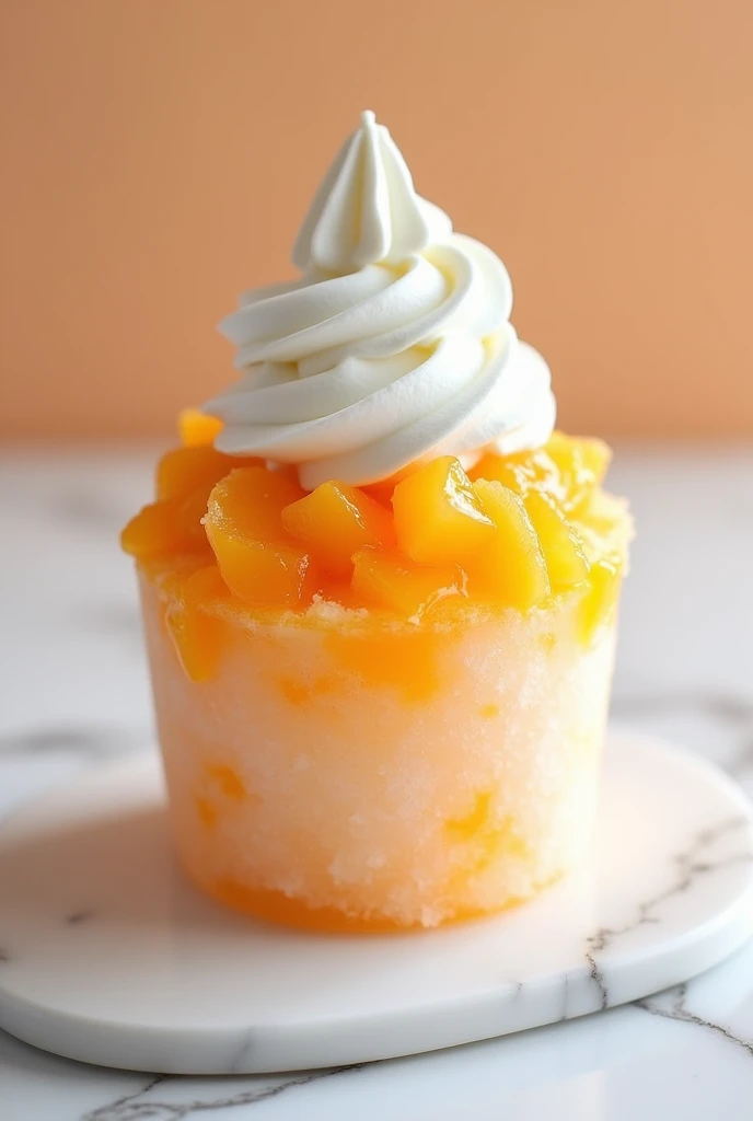 Instagram style、White marble top、A luxurious shaved ice topped with plenty of peach pulp and fresh cream.、Aspect ratio 3:4