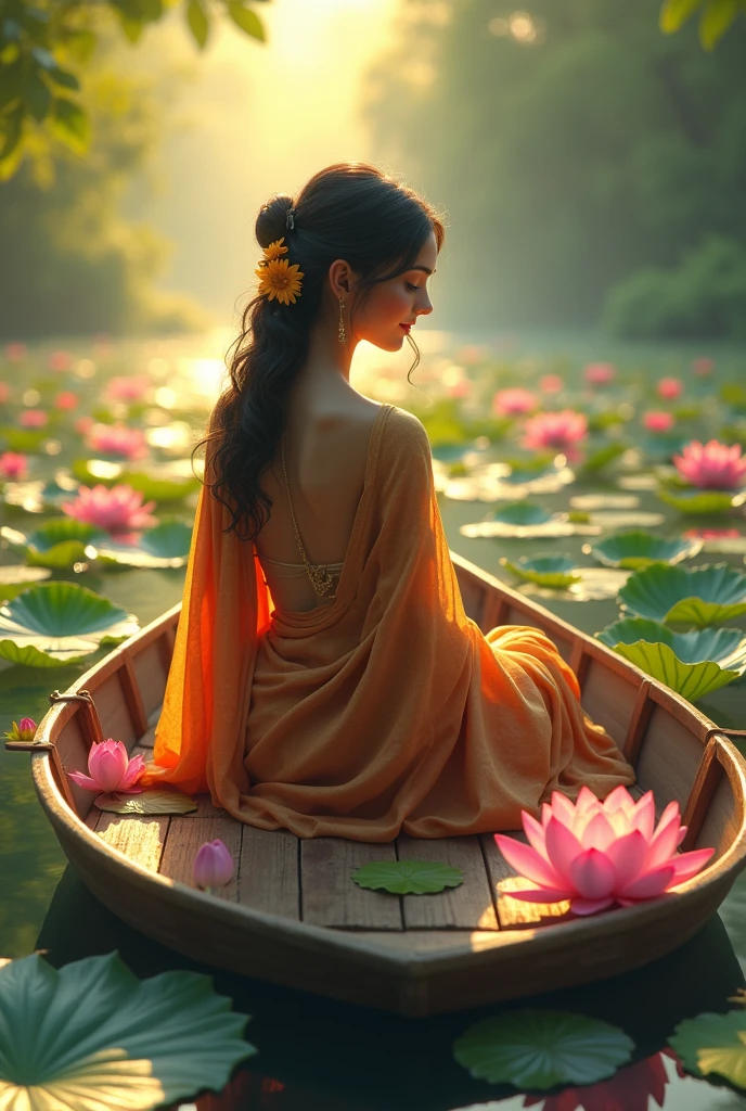 The boat floats on the river. A girl in a saree sits gracefully in the boat. Around him, lotus flowers of various colors bloomed on the banks of the river, which were reflected in the calm water of the river. The girl is smiling or quietly enjoying the view of the river, while the lotus flowers make the environment around her more colorful and vibrant. The golden glow of the lotus flowers along with the sunlight made the scene even more beautiful. The image can be seen from the  of the girl.