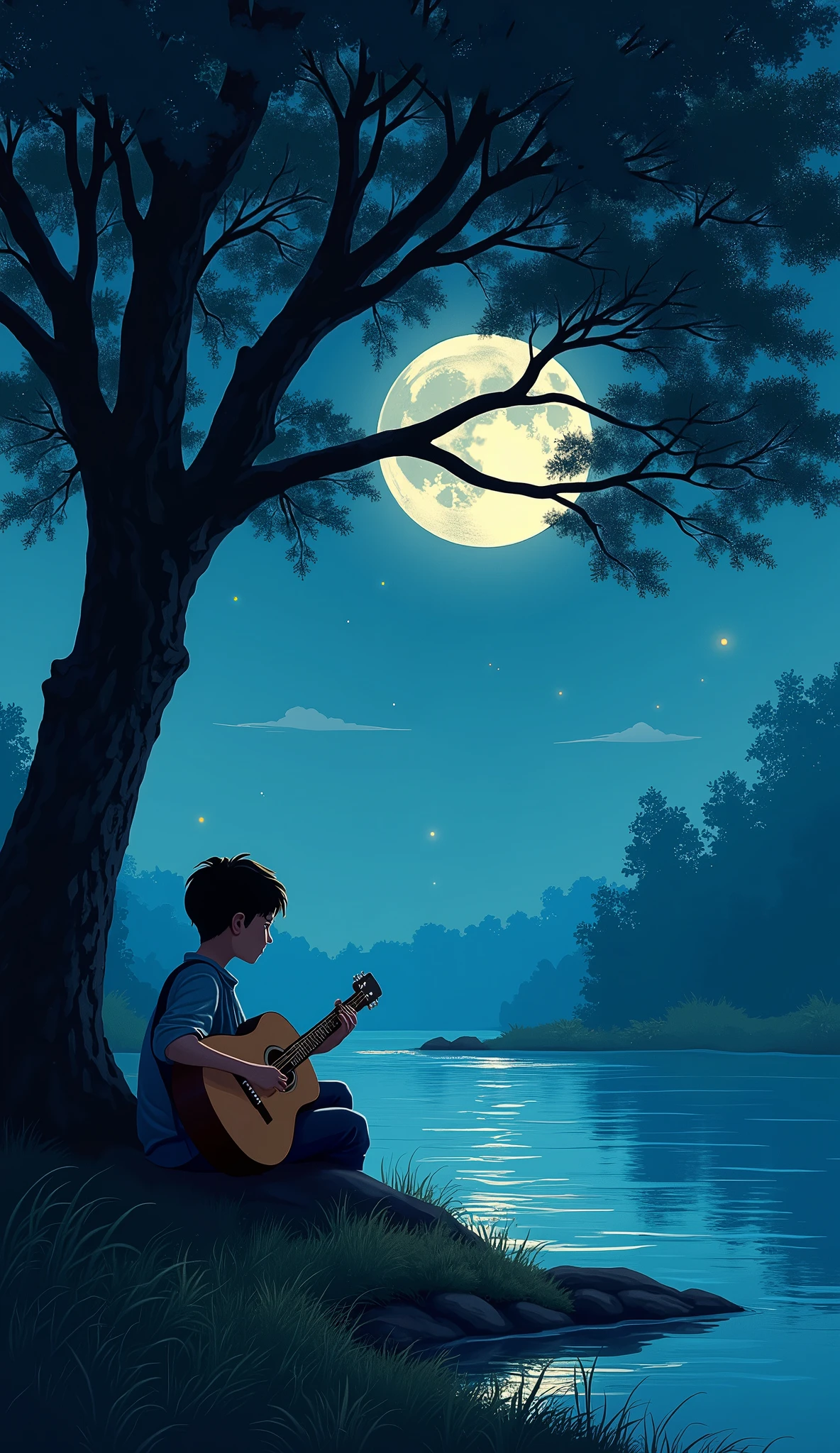 A boy seating under a tree with a guiter side of a river in night with deep moon with a peaceful scenery