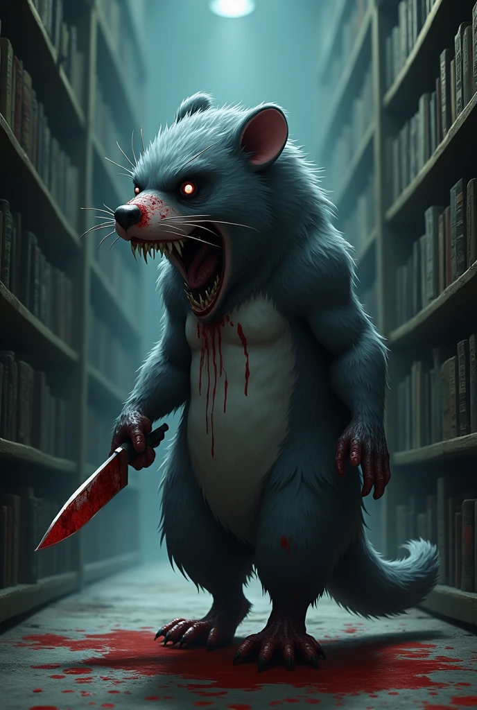 A frightening mole mascot have a grey. The costume is blood-stained and carries a knife, moving through the dimly lit corridors of the library. Anime Theme