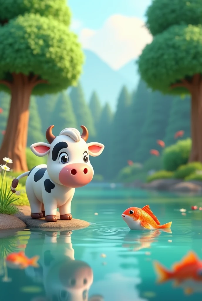 3d cartoon style"a  cow(colour of cow is white with black spots) talking to fish (fish swimming in the lake(small lake). In the lake has few fish, two trees on the side of lake background is forest.image viewed angle from very small.