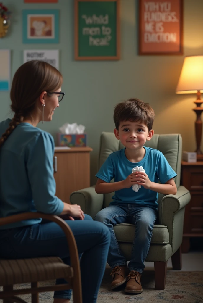 A highly realistic image of the same young boy from the previous images sitting in a school counselor's office. The boy, still in his blue t-shirt and jeans, is seated in a comfortable chair, clutching a tissue in his hand. His face shows signs of distress, with tear streaks visible on his cheeks, but there is also a hint of relief in his eyes. Across from him, a kind school counselor, a middle-aged woman with a warm, empathetic expression, is leaning forward slightly, speaking gently to the boy. The room is cozy, with posters about kindness and support on the walls and a box of tissues on the desk. The scene conveys a sense of safety and comfort, as the boy begins to receive the emotional support he needs to heal from his experience.