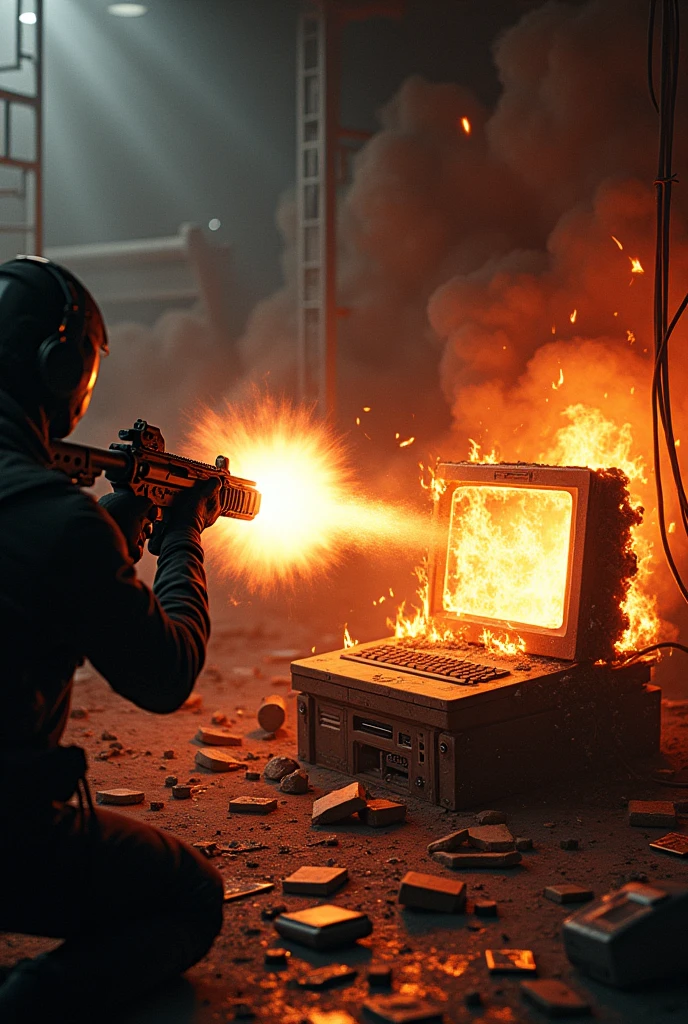A machine gun shooting at a burning computer 
