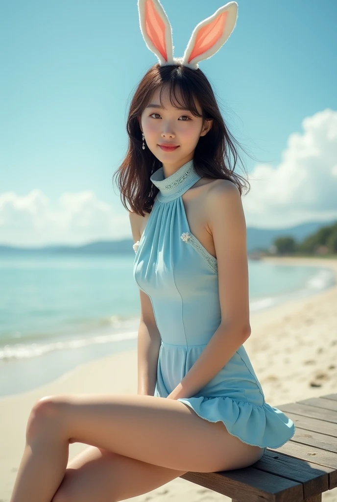 A seductive Japanese woman, 30 years old, dressed elegantly in a high-necked light blue bunny girl costume at the beach in natural light、The photo shows her with a small chest and a calm expression.、It shows her inner peace and outer charm.。Gentle smile。She sits with her long legs crossed on a wooden bench.。