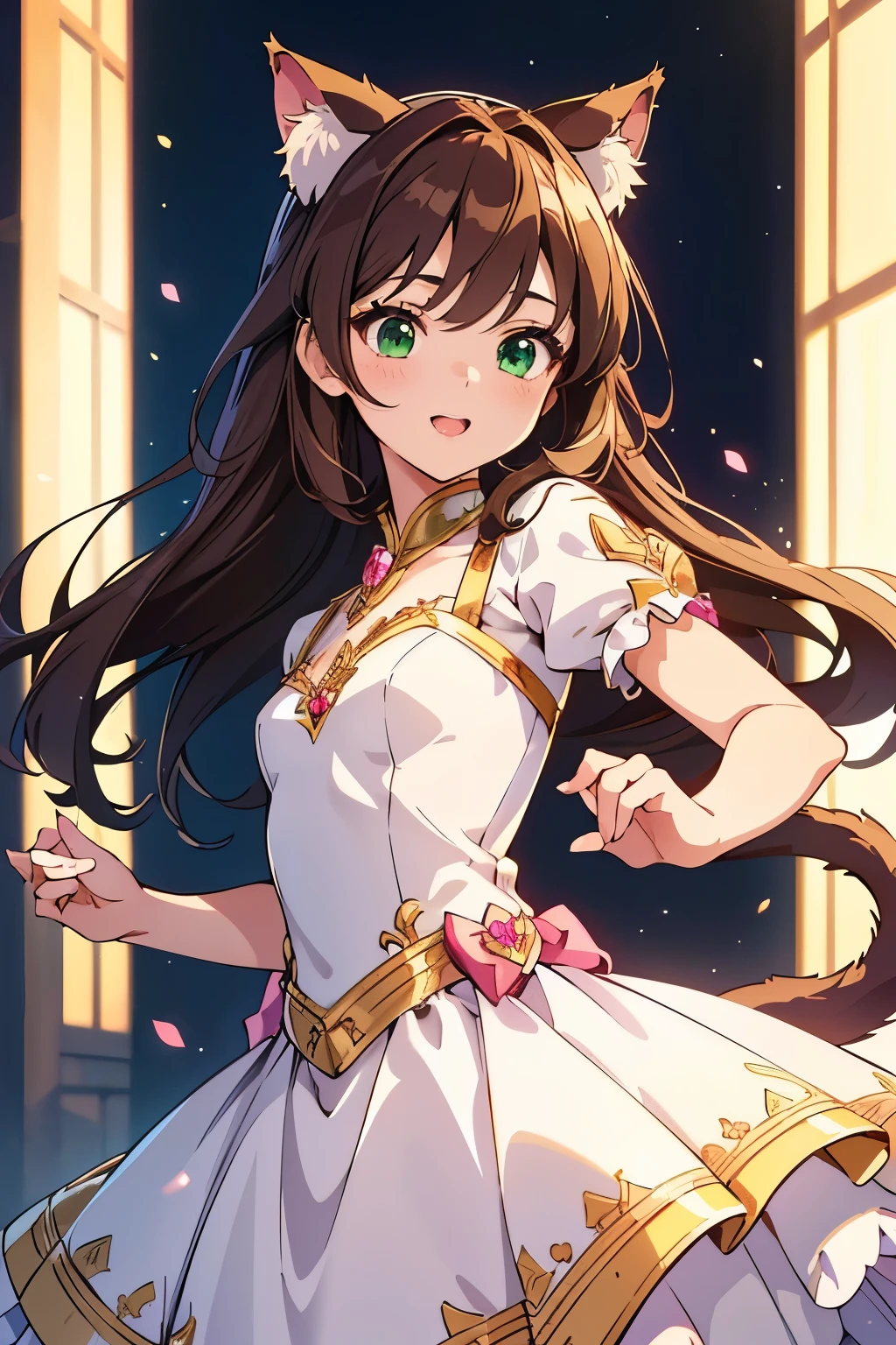 ((masterpiece, Highest quality, High resolution, 超High resolution, Pixel perfect, Written boundary depth, 4K, RTTX 10.0, High resolution))), 1 person, single, alone, Beautiful Anime, Beautiful art style, Anime characters, ((Shortcuts, bangs, Dark brown hair)), ((Green Eyes:1.4, Round eyes, Beautiful eyelashes, current eyes)), ((Smooth texture:0.75, Anime CG style)), ((Dynamic Angle, close)), Perfect body, (cute), Normal chest, whole body, ((4K, 8k, Highest quality, Perfect Fingers: 1.3, Perfect Anatomy: 1.3, Background Blur)), whole bodyアングル, Illustration of a princess with cat ears, The character is a princess wearing a gorgeous dress.、She has cute cat ears on her head, The dress has an elegant design with gold and pink embroidery.、It spreads softly with her movements, With a graceful smile on her face、Holding a small cat&#39;s tail in one hand, In the background, the interior and gardens of a gorgeous castle spread out.、Overall, the scene is a fusion of fantasy and cuteness.