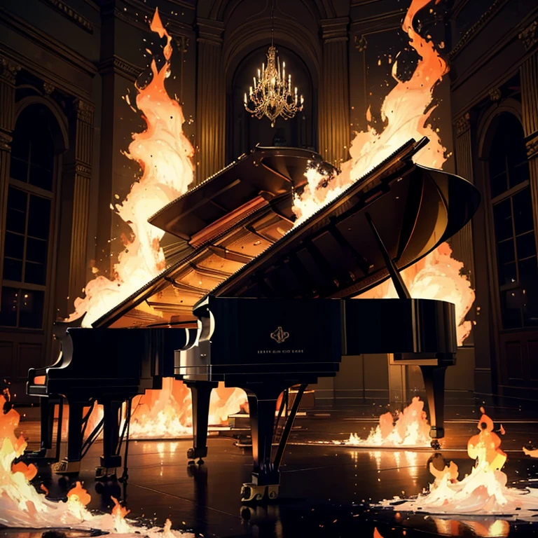 (masterpiece, best quality, ultra-detailed, illustration, high resolution, UHD, depth, cinematic lighting), piano, fire, blaze, large empty room, giant room, piano in center, burning piano, piano on fire:1.4, piano in a blaze, burning, surrouned by flames, dark room, sadness, grief, regret, emotion, love, beaty, poetry, destruction, piano going up in flames