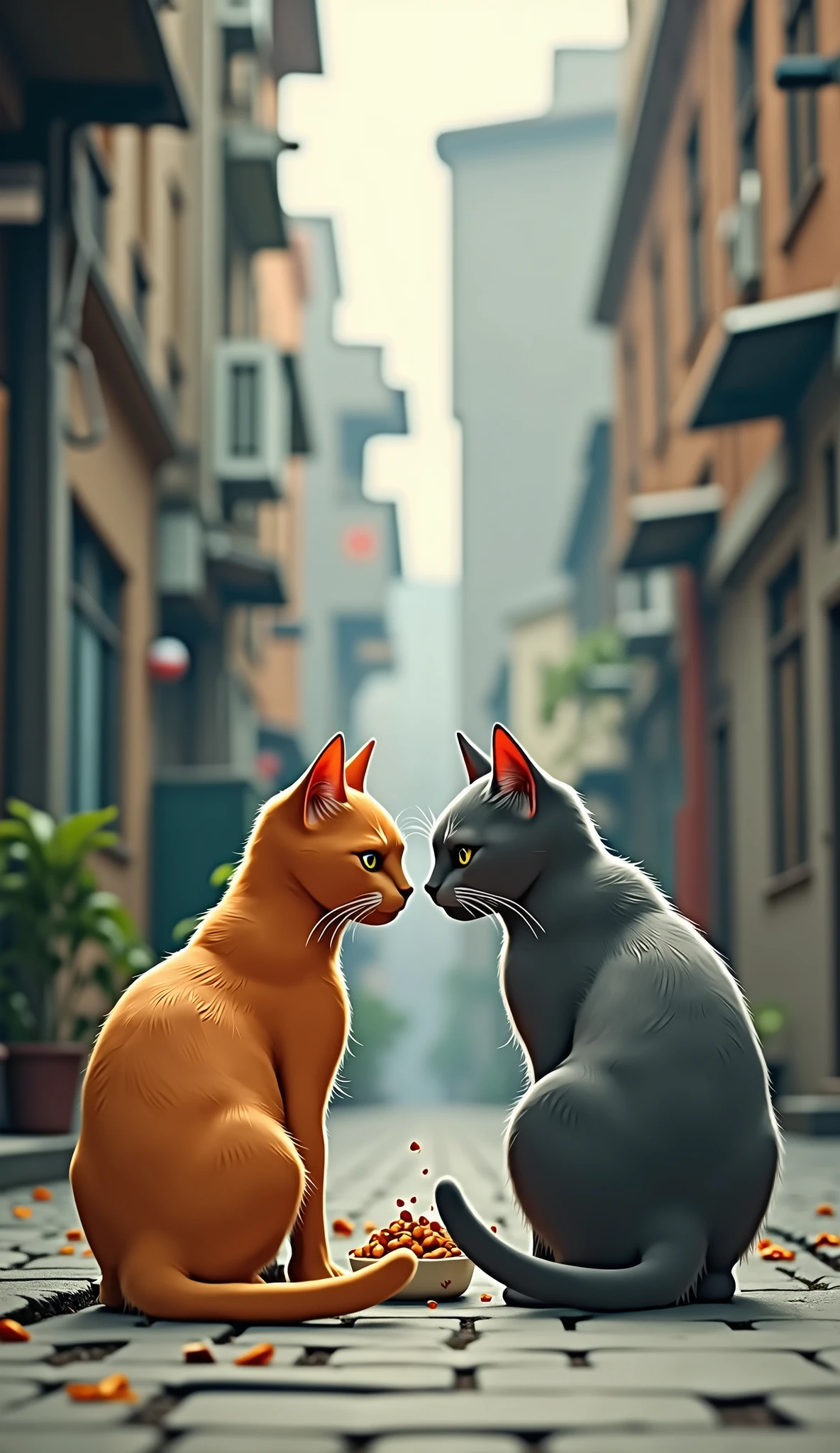 Scene 11: The Unexpected Friend
Location: A Quiet Corner of the City
The orange cat encounters another stray—a scrappy, grey cat. At first, they stare at each other warily, but soon they share a small meal and sit together, finding brief companionship in their loneliness.