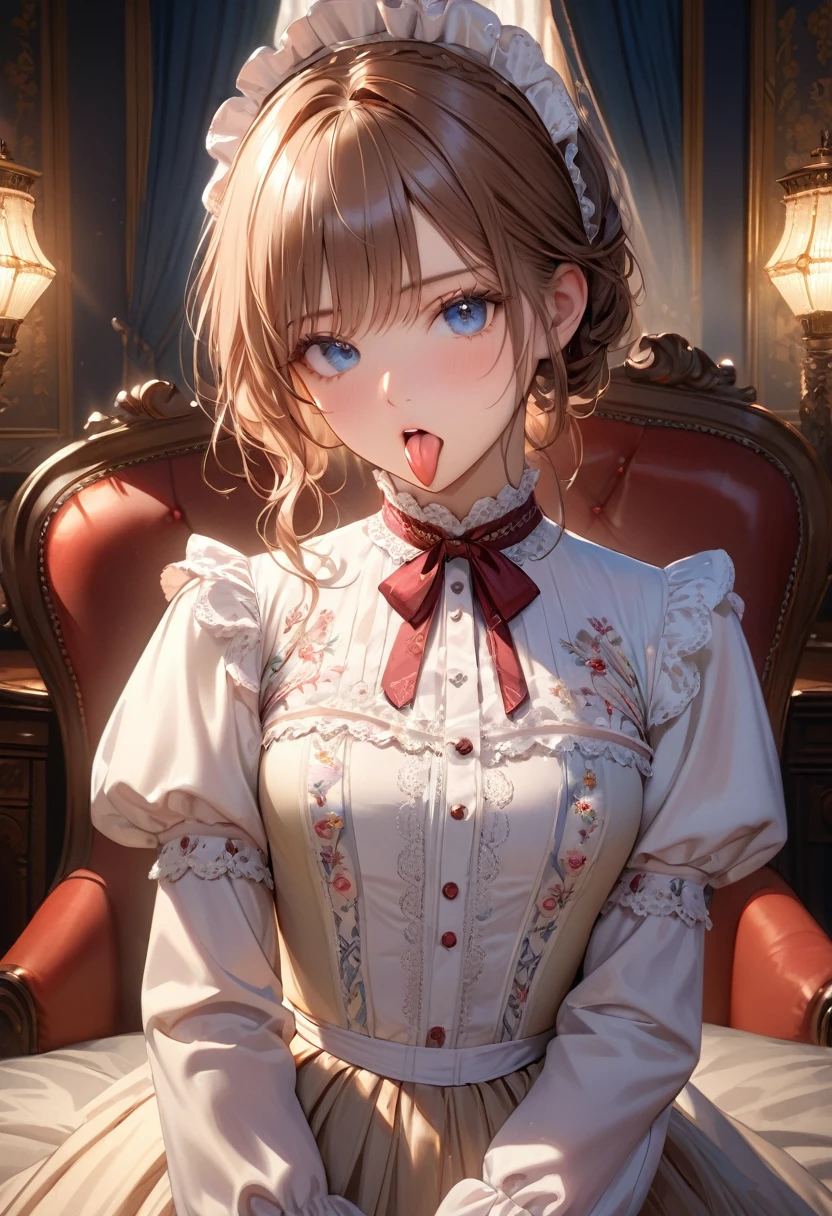 ((Highest quality)), ((masterpiece)), (detailed), High resolution, Very realistic, Perfect Face, detaileded eyes, Beautiful Eyes, Cinema Lighting, 1 beautiful girl, victorian blouse, Victorian Ladies Bedroom, Gorgeous embroidery, Medium chest, stick out your tongue wide