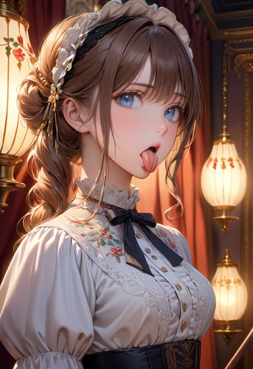 ((Highest quality)), ((masterpiece)), (detailed), High resolution, Very realistic, Perfect Face, detaileded eyes, Beautiful Eyes, Cinema Lighting, 1 beautiful girl, victorian blouse, Victorian Ladies Bedroom, Gorgeous embroidery, Medium chest, stick out your tongue wide