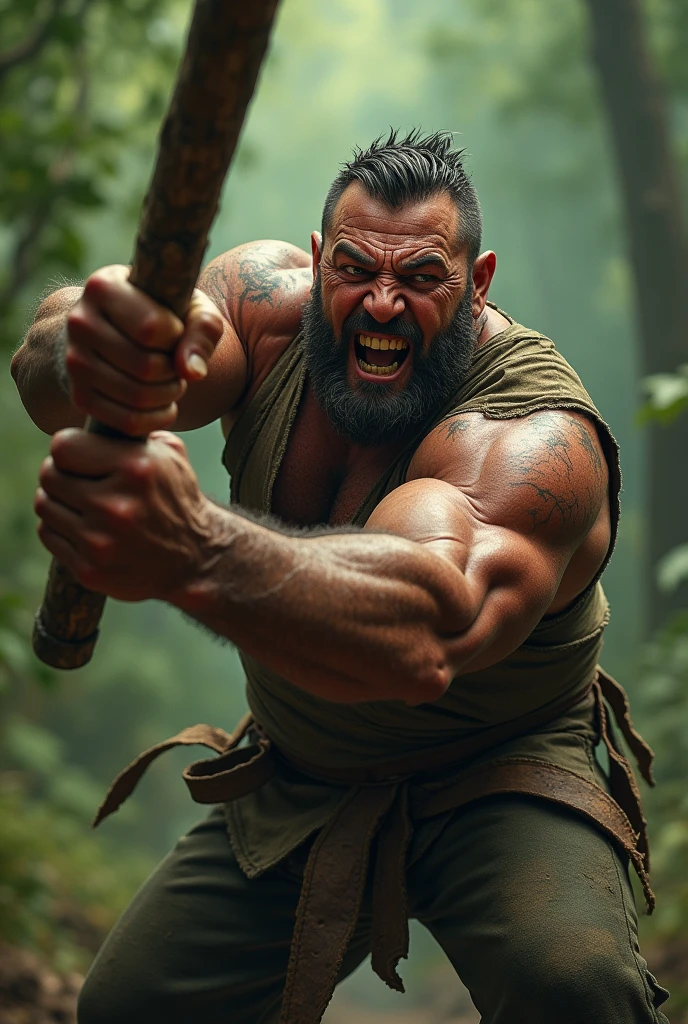 A angry man tried to kill with a stick. Background green.