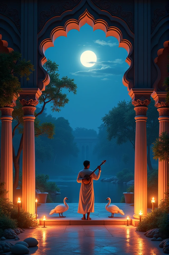 Background night with moon
A Hindustani n Tamil culture hall
Trees 
Inside the hall a men with Tamil instrumental 
Inside the hall with kuttuilakku 
N other Hindustani n Tamil stuffs
Besides hall river or lake with peacock n swans
Glorious classy 
Don't forget men in black shadow ye