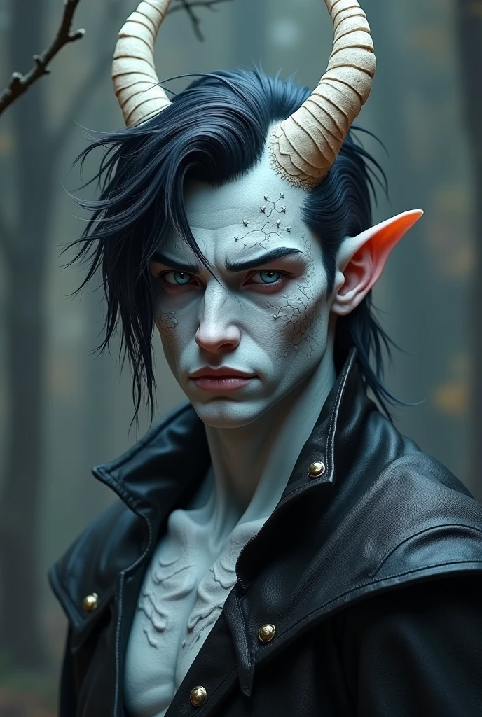 a D&D Tiefling with light grey skin, black and white hair and white scales covering parts of his face and his arms and legs. He is also said to have light blue eyes with slit-shaped pupils. The horns should be rather small