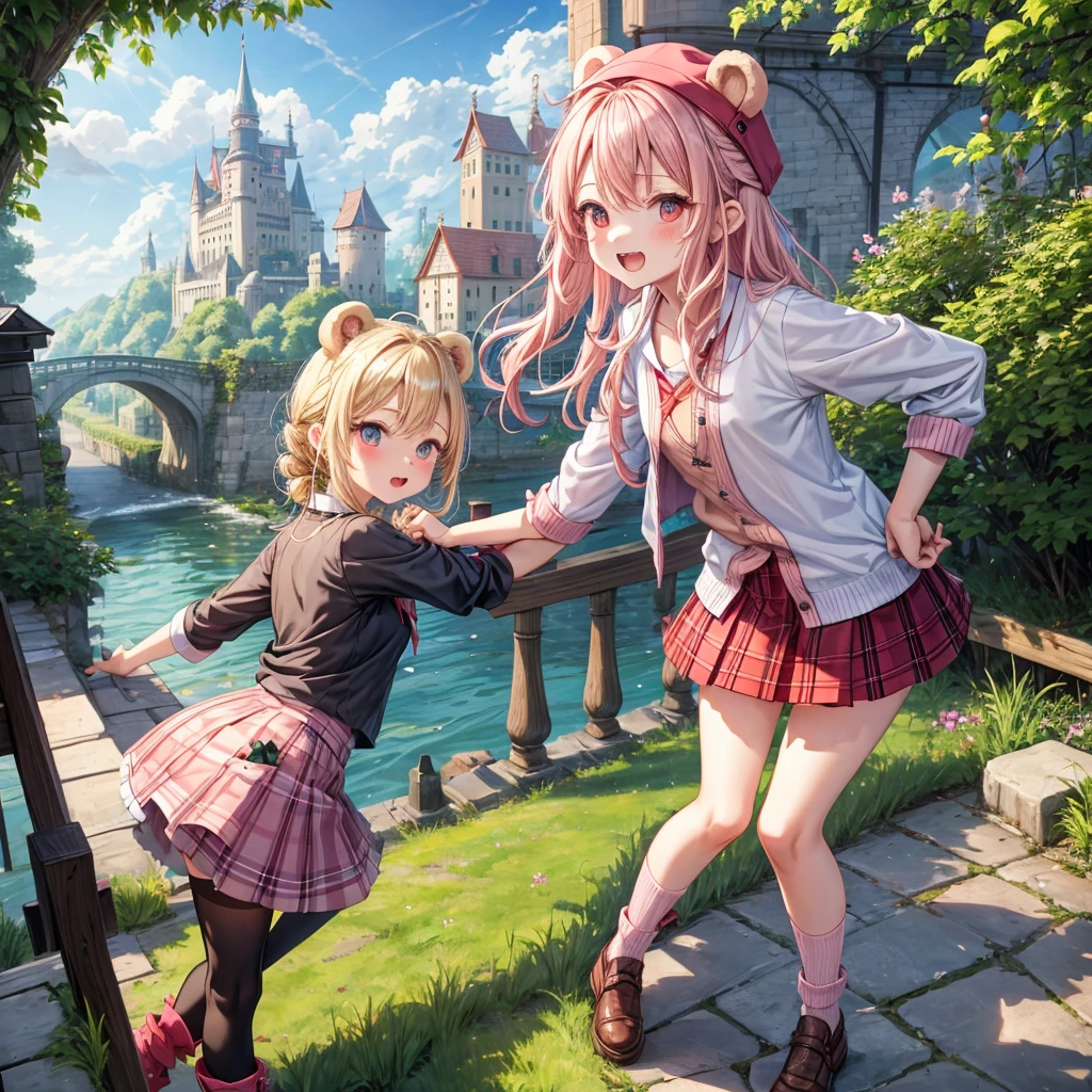 Pink Blonde、Red eyes、Wavy Hair、Hair tied up、Two cute、Checked mini skirt、black t-shirts、cardigan、Knee-high socks、bear ears baseball cap、Teeth are visible、Monster Castle、Tilting face、crossing the bridge、hazakura、windmill、grass、Stones are growing out of the ground.、Lightning coming out of the teddy bear、Morning glory is blooming.、In front of the city gates、clock、Underground tunnels、Waterway、Small boat