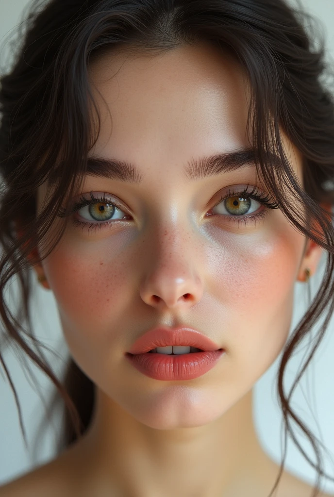 visage d'une femme européenne 25 ans , belle bouche , beau yeux , vue de face , vue sur toute sa tête ,ultra realiste