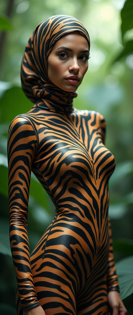 The most beautiful,thin,most pretty and clever malaysian muslimah adult girl wears mountain zebra print lycra turtleneck unitard catsuit covered with stripes.She always wear mountain zebra print lycra dancewear stretchy chiffon hijab covered with stripes.She lives in the rainforest.