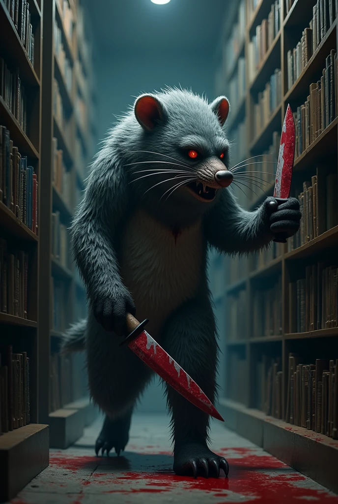 A frightening mole mascot have a grey. The costume is blood-stained and carries a knife, moving through the dimly lit corridors of the library. Anime Theme