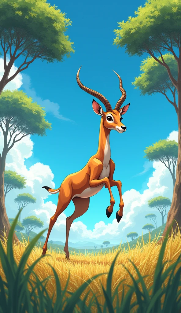 A antelope leaping gracefully through the tall grasses, with acacia trees and a clear blue sky in the background. Watercolor style --ar 4:3 --v 5.2 makoto shinkai. digital render, makoto shinkai!, beautiful anime sceneHawaii, gta vice style , illustration , reteo comic illustration