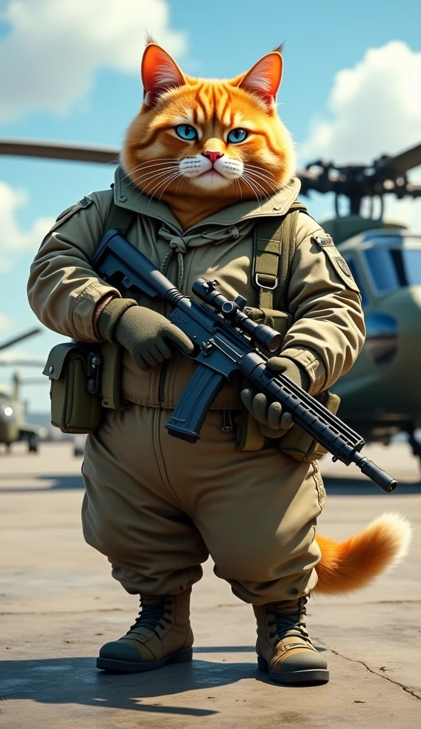 Make a picture of a fat orange cat with blue eyes, flat nose, facing the camera, wear pilot clothes, military boots and tie, wear gloves, in hand carrying an assault rifle standing in front of a combat helicopter with a military aircraft airport in the background, wide, full body, 8k super realistic
