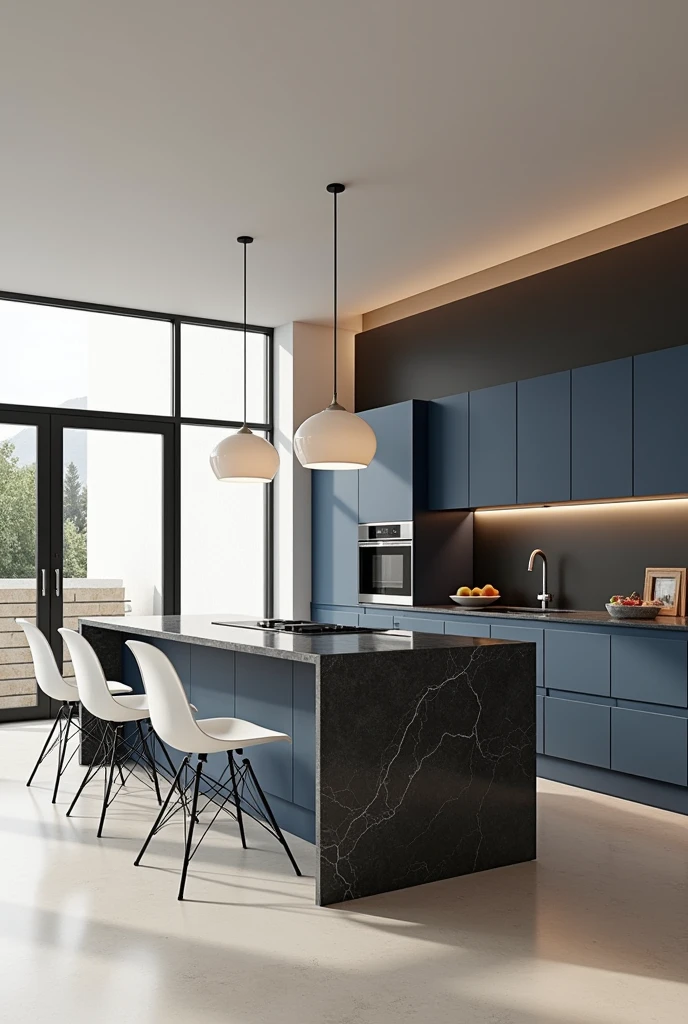 Professional 3d architecture rendering design of modern and minimal kitchen with so dark vintage blue and dark beige cabinets and modern windows and so dark gray marble slab stone island and white modern chairs