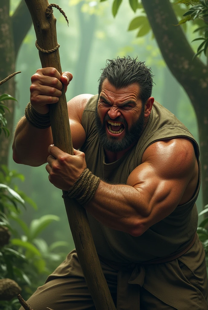 A angry man tried to kill with a stick. Background green.