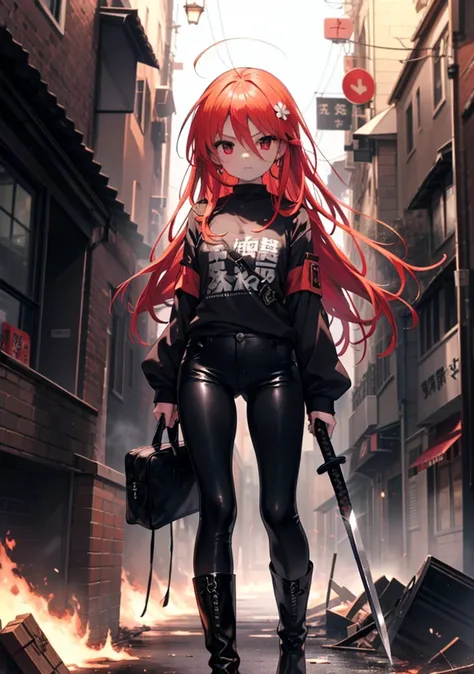 shana,灼眼のshana,long hair, redhead, red eyes, ahoge,small breasts,serious face,black rider suit,black t-shirt,leather pants,boots...