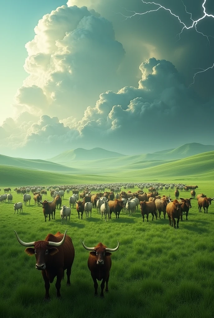a beautiful green plain, with lightning, a large herd of animals with many oxen, sheep, camels and donkeys.