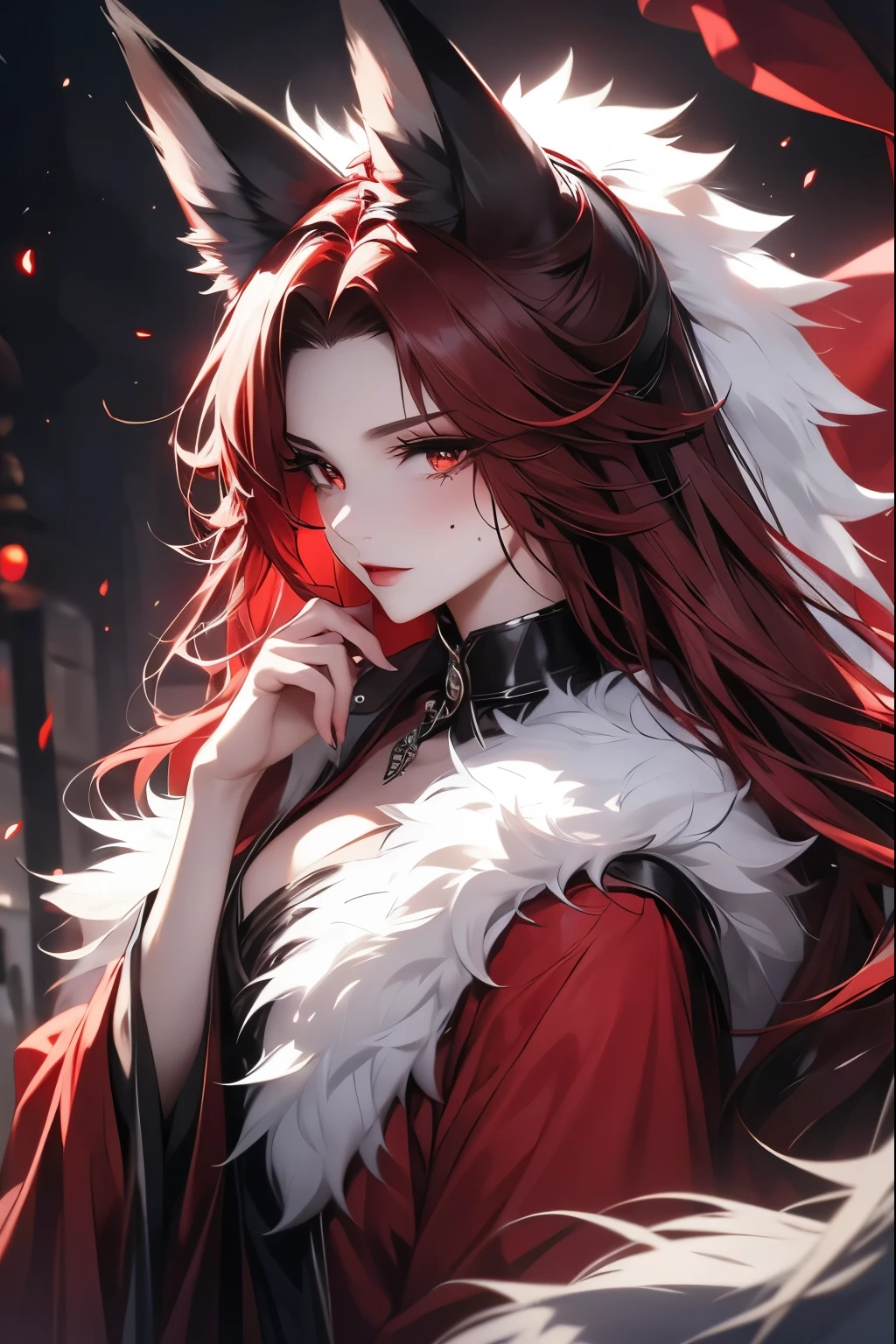 A beautiful woman，Has wolf ears，Wearing a red robe，Black and white fur on the collar，A mole under the eye，Red mouth，2