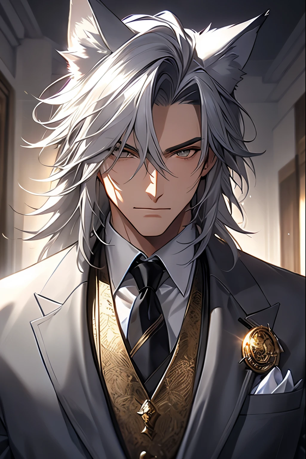 Silver gray hair male，There is a pair of wolf ears，There is a scar on the face，Mature men，Wearing a gray suit，Wearing a gold tie 2，whole body