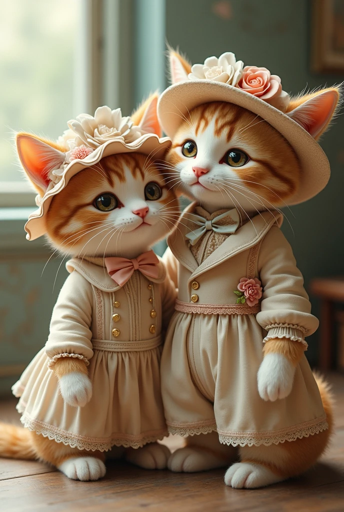 Mom cat and dad cat in chintz lace outfits and a cap decorated with flowers and ribbons in retro style