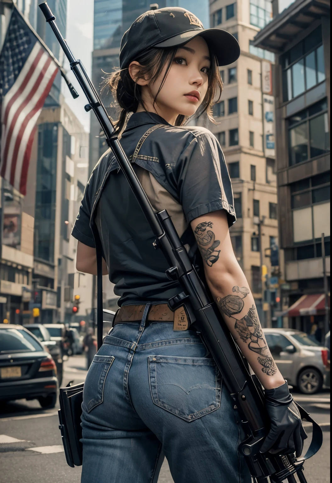 8k,Realistic Photo、Realistic Skin Texture、Superrealism、Japanese women living in America、General citizens、Civilian、Tattoo、cap、jeans、sneakers、Short sleeve shirt、Beauty、American cityscape、Old building、Reload、row pods、
Mossberg ｍShooting a 590 shotgun、Covered in scars、It is dirty、muscle、The background is out of focus、Building wall、Dramatic Images、Battleground、The strongest woman、Former Marine、Be vigilant、