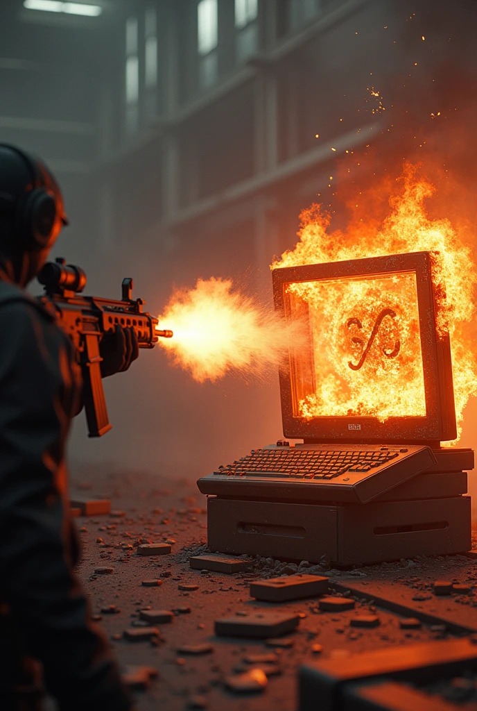 A machine gun shooting at a computer on fire with the phrase sjcgamesoficial