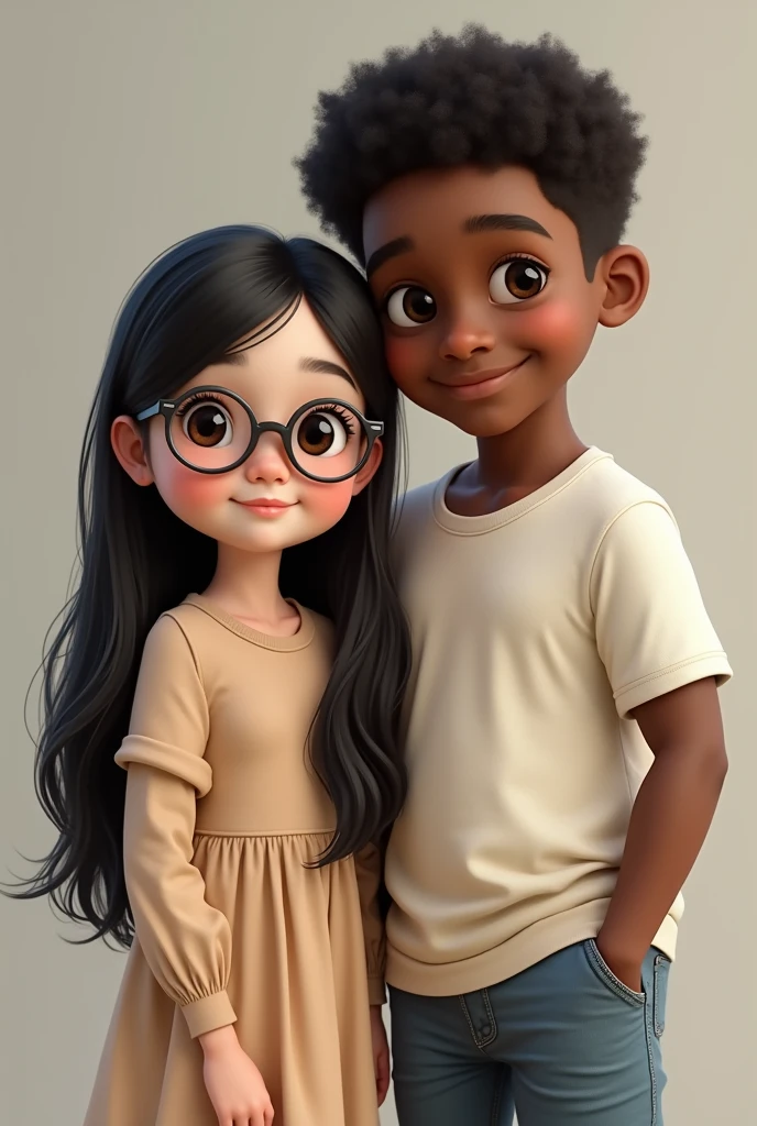 Photorealism Short white girl with long black hair wearing glasses with a tall dark-skinned boy with a round face