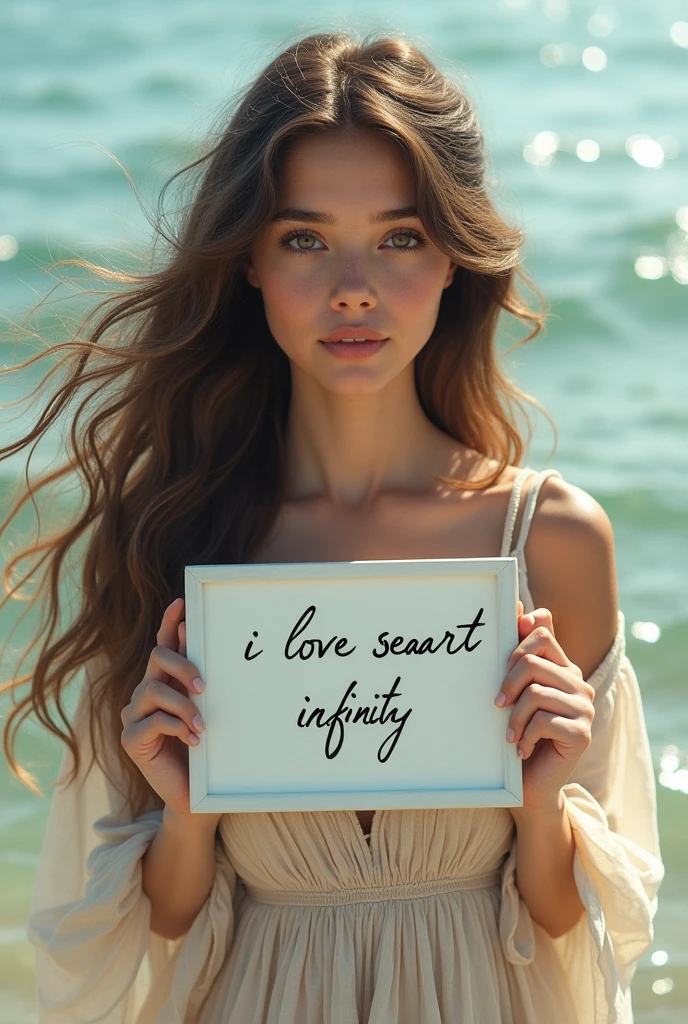 Beautiful girl with wavy long hair, bohemian dress, holding a white board with text "I Love Seaart Infinity" and showing it to the viewer