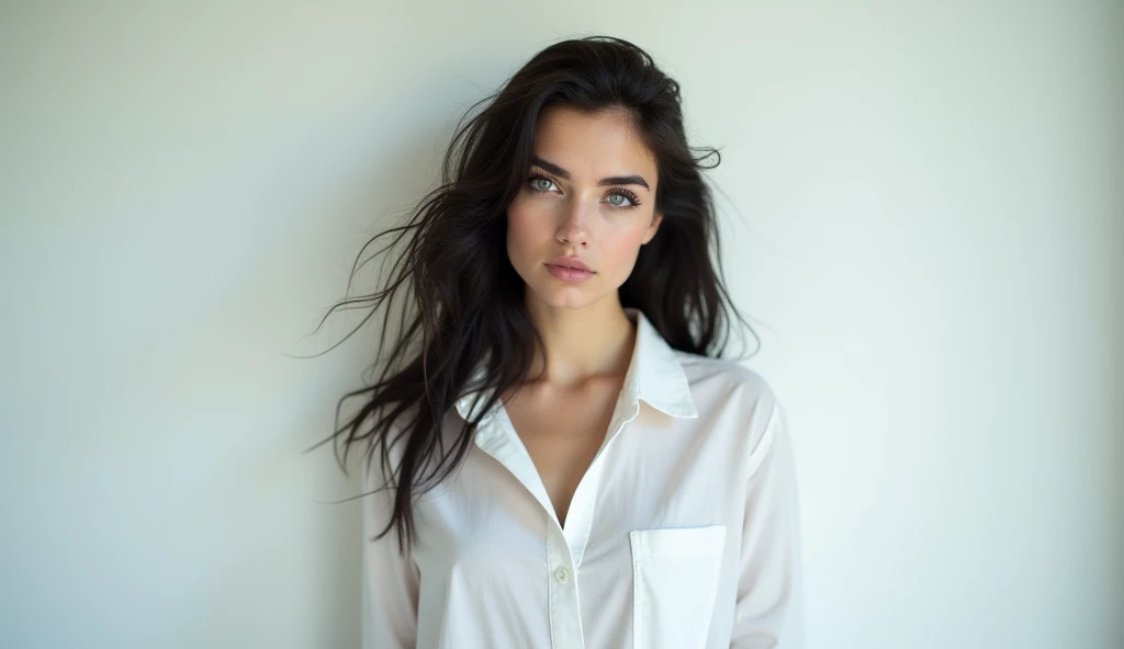 A white woman, at 3, com cabelo escuro, blue colored eyes, wearing a white shirt and a skirt, standing with her hands against the white wall of a room against the wall with her back to the camera and looking at the camera with a sexy look