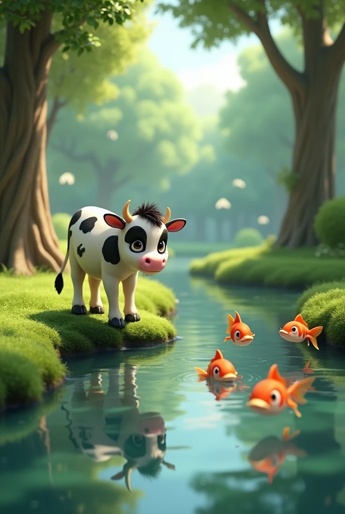 3d cartoon style"a child cow(colour of cow is white with black spots) talking to fish (fish swimming in the lake(small lake). In the lake has few fish, two trees on the side of lake background is forest.image viewed angle from very small.image quality very realistic.