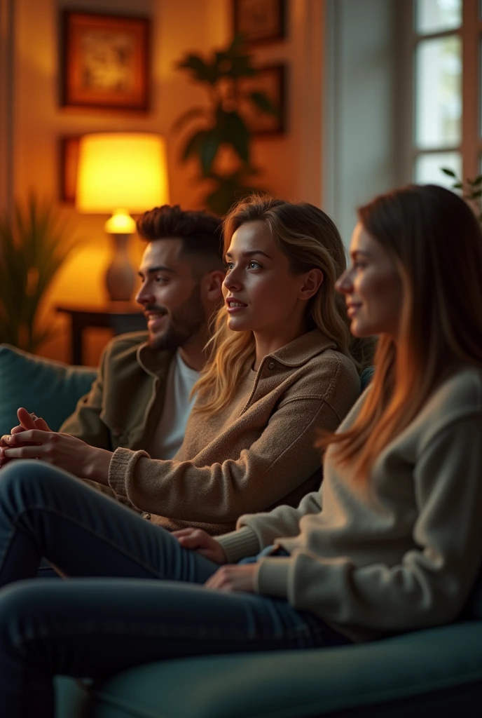 A highly realistic, high-contrast, 8K HD, detailed, hyper-detailed image of a group of young men and women sitting on sofas in an American-style room, illuminated by warm, orange lighting. The room is cozy with modern furniture, and the atmosphere is relaxed as they engage in conversation. The faces of the individuals are clearly visible, with distinct hairstyles that can be easily recognized and replicated. The scene captures the casual and friendly vibe of the group in a comfortable, inviting setting.