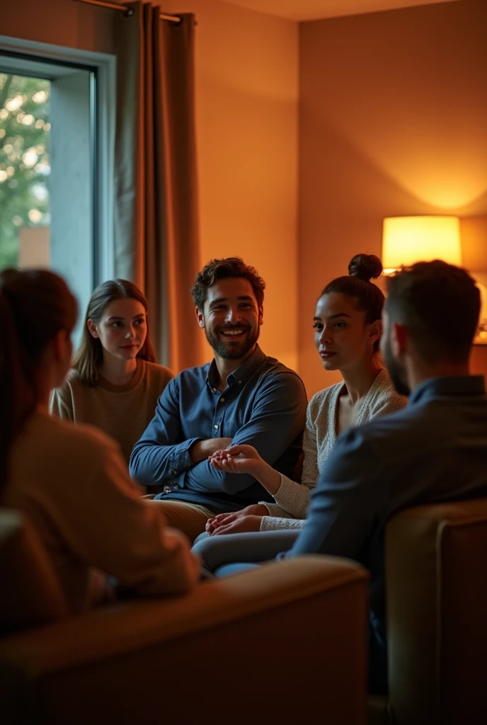 A highly realistic, high-contrast, 8K HD, detailed, hyper-detailed image of a group of young men and women sitting on sofas in an American-style room, illuminated by warm, orange lighting. The room is cozy with modern furniture, and the atmosphere is relaxed as they engage in conversation. The faces of the individuals are clearly visible, with distinct hairstyles that can be easily recognized and replicated. The scene captures the casual and friendly vibe of the group in a comfortable, inviting setting.