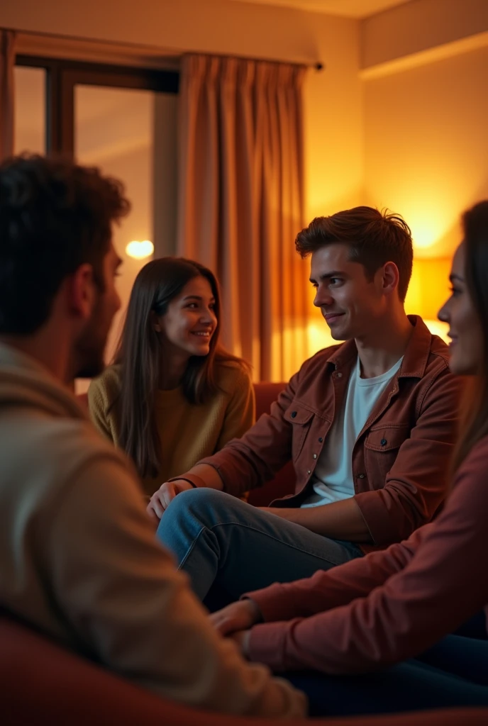 A highly realistic, high-contrast, 8K HD, detailed, hyper-detailed image of a group of young men and women sitting on sofas in an American-style room, illuminated by warm, orange lighting. The room is cozy with modern furniture, and the atmosphere is relaxed as they engage in conversation. The faces of the individuals are clearly visible, with distinct hairstyles that can be easily recognized and replicated. The scene captures the casual and friendly vibe of the group in a comfortable, inviting setting.