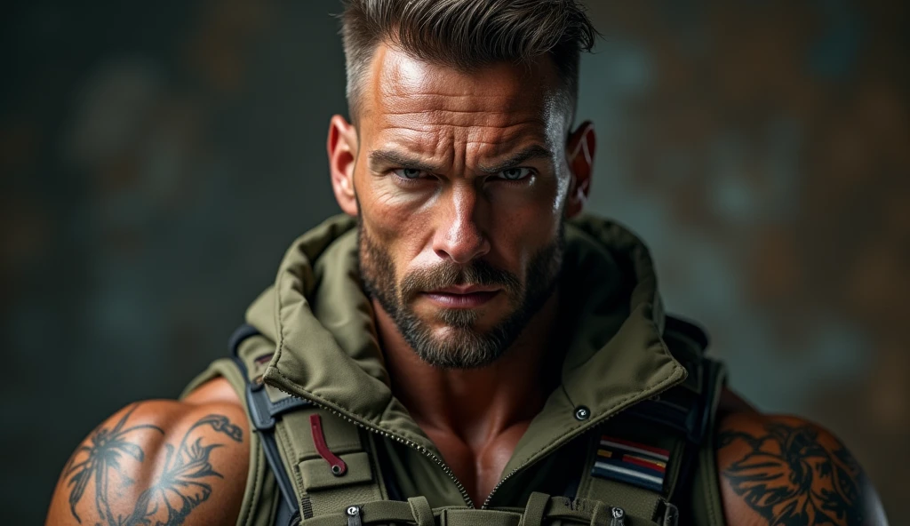 realist:1.3,( fotorrealist, 8k, RAW Photos, Premium quality, masterpiece, epic lighting. close up, Centered image), (foreground),((1 handsome and muscular man, US military uniform, with military clothing, Perfectly detailed face and body, (foreground), for the cover of Heavy Metal magazine, dynamic pose, beautiful and detailed hair, Leather Clothes))