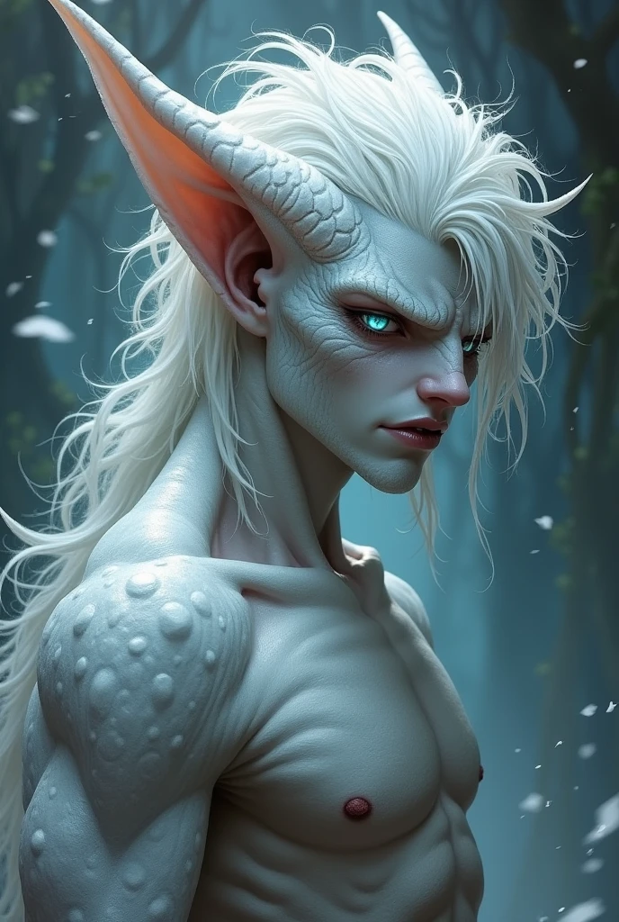 a D&D Tiefling with light grey skin, white hair and white scales covering parts of his face and his arms and legs. He is also said to have light blue eyes with slit-shaped pupils. The horns should be rather small