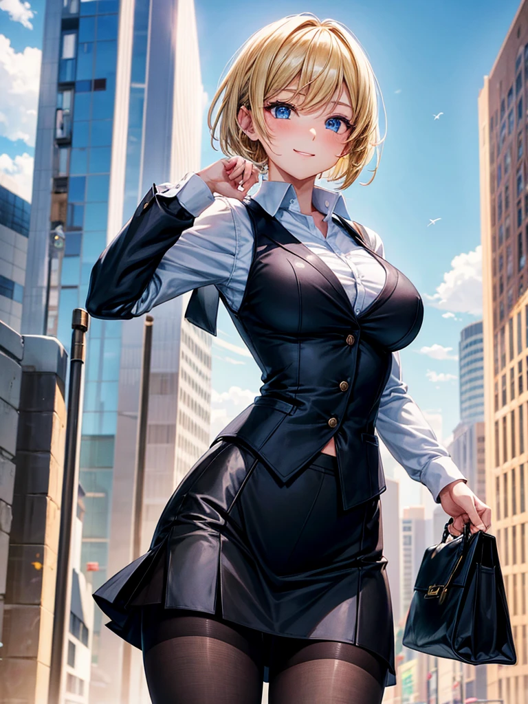 Anime style, super fine illustration, highly detailed, beautiful detailed, super high quality image, static representation, gentle expression, happy expression, the pretty image, 8k, pretty 1girl with blonde straight short hair & blue eyes & a bright smile & full bust & soft fair skin is a female secretary not to show her skin wearing the business shirt & vest & black tight skirt & black pantyhose on the urban business buildings street, holding 1bag, no more bag, happy stories, solo, perfect fingers, no more fingers, no less fingers, perfect arms, perfect legs, masterpiece.