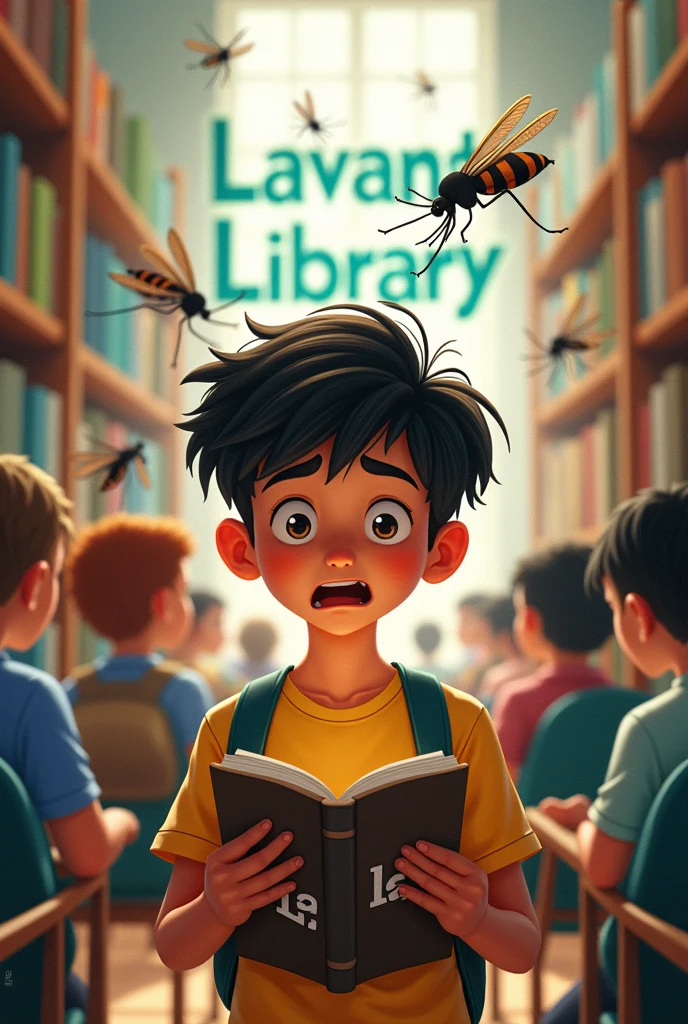 Many mosquito flying or a boy or his behind other students sitting who reading in library chair his hand holding a LA name logo book and one had on his head watching flying mosquito with stress or behind showing a bold language name *Lavansh Library* on the background