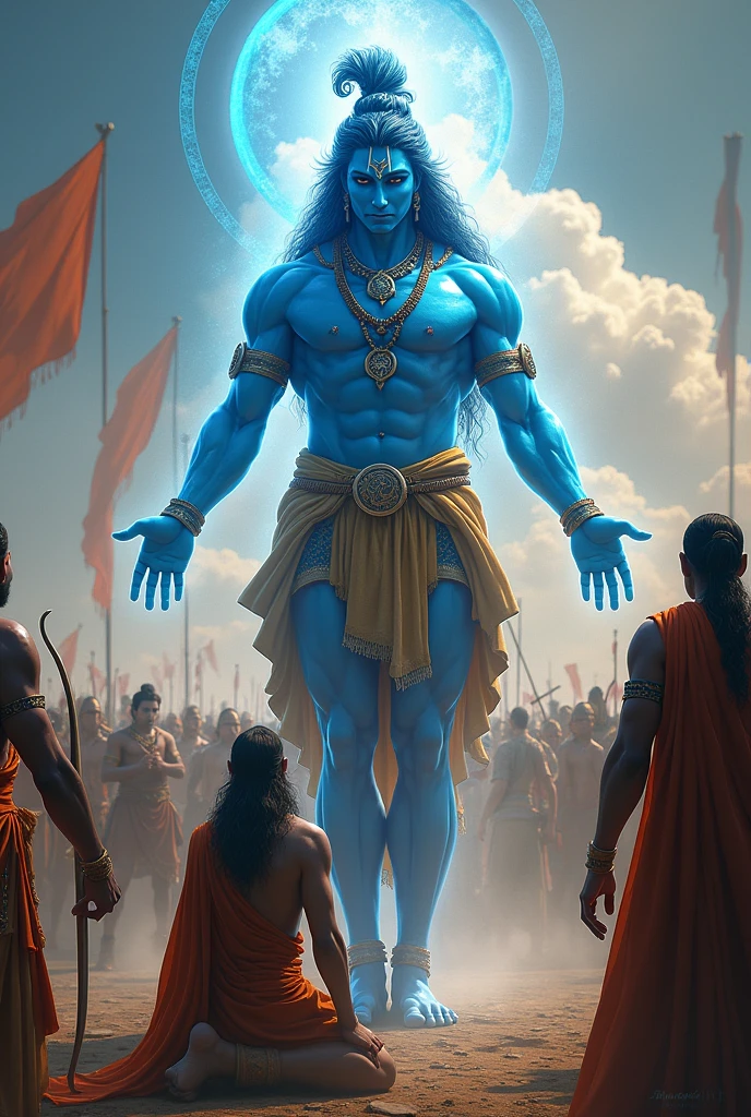 Krishna grand scene where arjun is bowing and krishna is portrayed as god and the scene is of war, mahabharata war