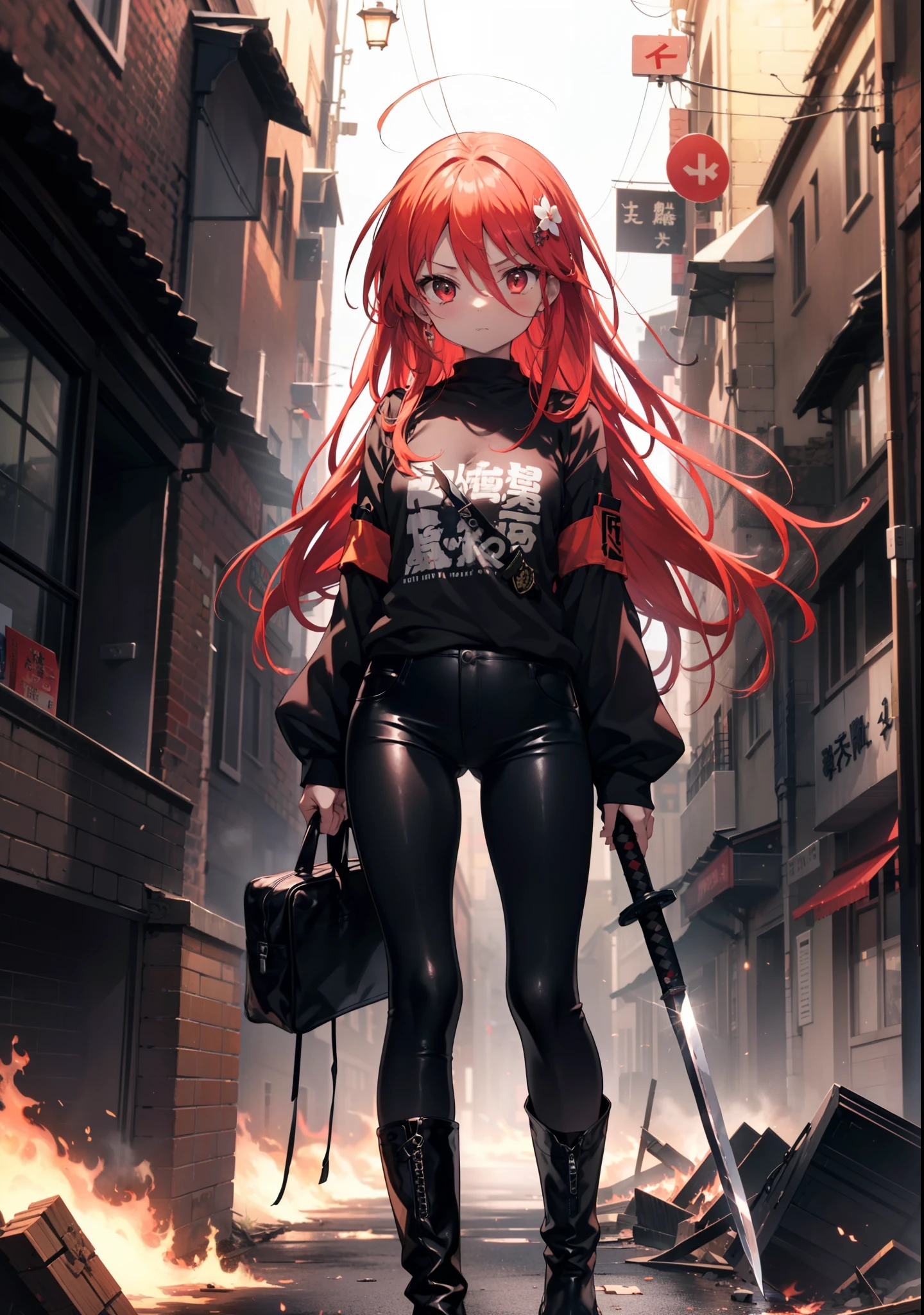 Shana,灼眼のShana,Long Hair, Redhead, Red eyes, Ahoge,Small breasts,Serious face,Black Rider Suit,Black T-shirt,Leather pants,boots,rubble,The town is collapsing,Explosive Flame,A long Japanese sword wrapped in flames:1 is stuck in the ground,night,moonlight,Are standing,whole bodyがイラストに入るように,　　　　　　　　　　　　　break outdoors, Building district,　　　　　　　　　　　　　　　break looking at viewer, whole body, 　　　　　　　　break (masterpiece:1.2), Highest quality, High resolution, unity 8k wallpaper, (shape:0.8), (Beautiful attention to detail:1.6), Highly detailed face, Perfect lighting, Extremely detailed CG, (Perfect hands, Perfect Anatomy),