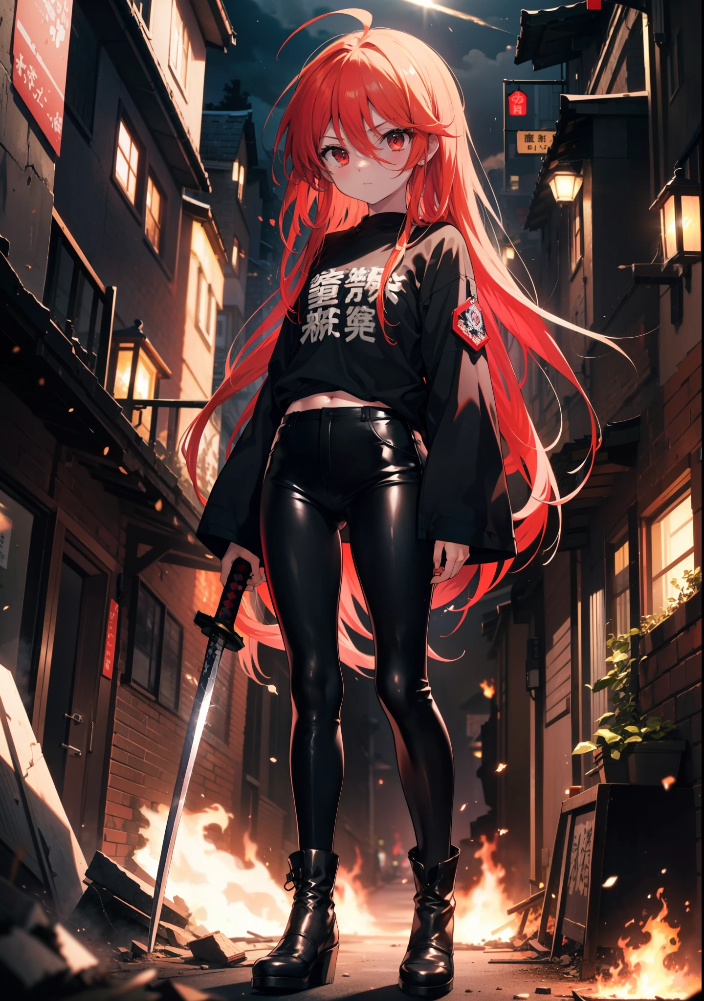 Shana,灼眼のShana,Long Hair, Redhead, Red eyes, Ahoge,Small breasts,Serious face,Black Rider Suit,Black T-shirt,Leather pants,boots,rubble,The town is collapsing,Explosive Flame,A long Japanese sword wrapped in flames:1 is stuck in the ground,night,moonlight,Are standing,whole bodyがイラストに入るように,　　　　　　　　　　　　　break outdoors, Building district,　　　　　　　　　　　　　　　break looking at viewer, whole body, 　　　　　　　　break (masterpiece:1.2), Highest quality, High resolution, unity 8k wallpaper, (shape:0.8), (Beautiful attention to detail:1.6), Highly detailed face, Perfect lighting, Extremely detailed CG, (Perfect hands, Perfect Anatomy),