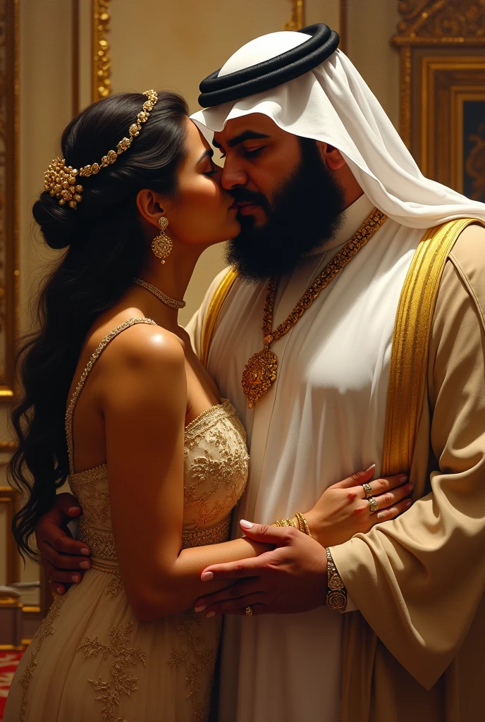 Create an image of an indian girl called Saranya very very beautiful in a golden expensive billion dollar dress putting handing saudi arabia crown prince mohamed bin salman...he's chubby with beard but cutechest and looking in his eyes and touching his chest.
